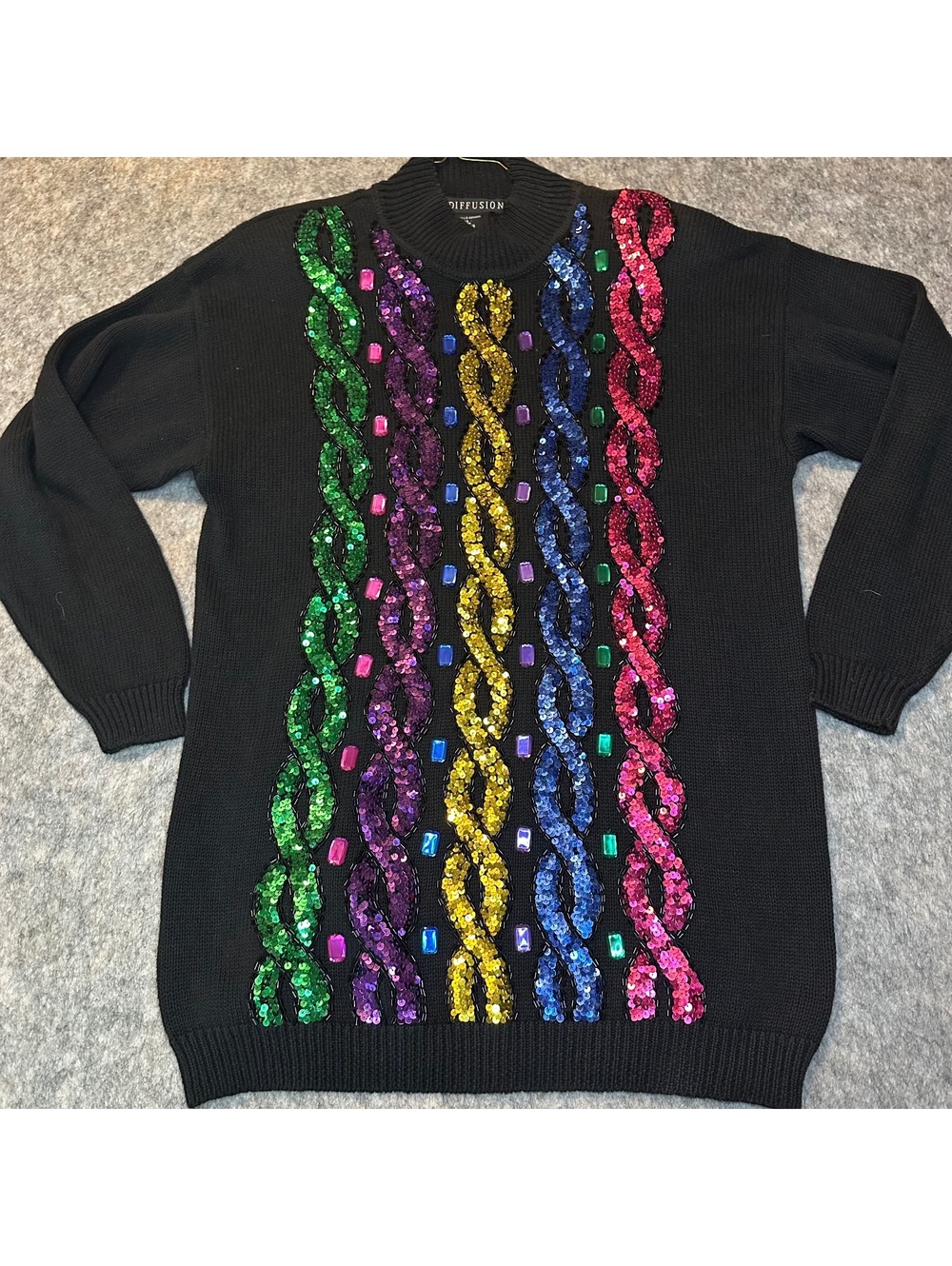 Vintage 1992 I.B. Diffusion Black Rainbow Sequin Cable Knit Sweater M